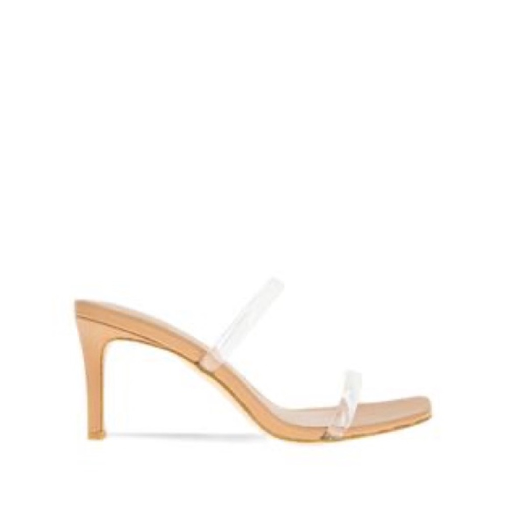 BCBGENERATION Beige Strappy Padded Salin Square Toe Stiletto Heeled Sandal